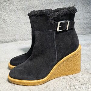 Franco Sarto Black Suede Wedge Ankle Boots Water Resistant Booties Womens 8M NEW